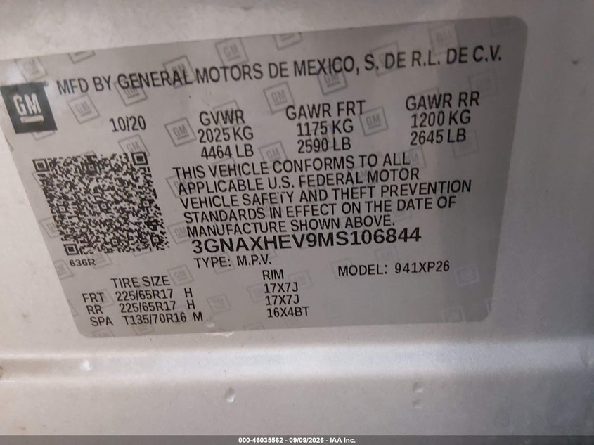 CHEVROLET EQUINOX 2021 VIN 3GNAXHEV9MS106844