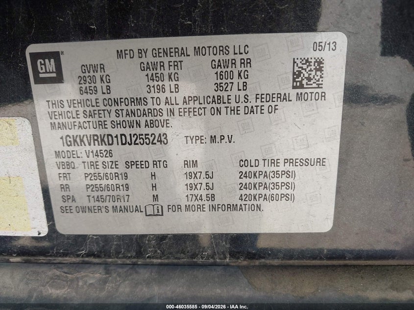 GMC ACADIA 2013 VIN 1GKKVRKD1DJ255243