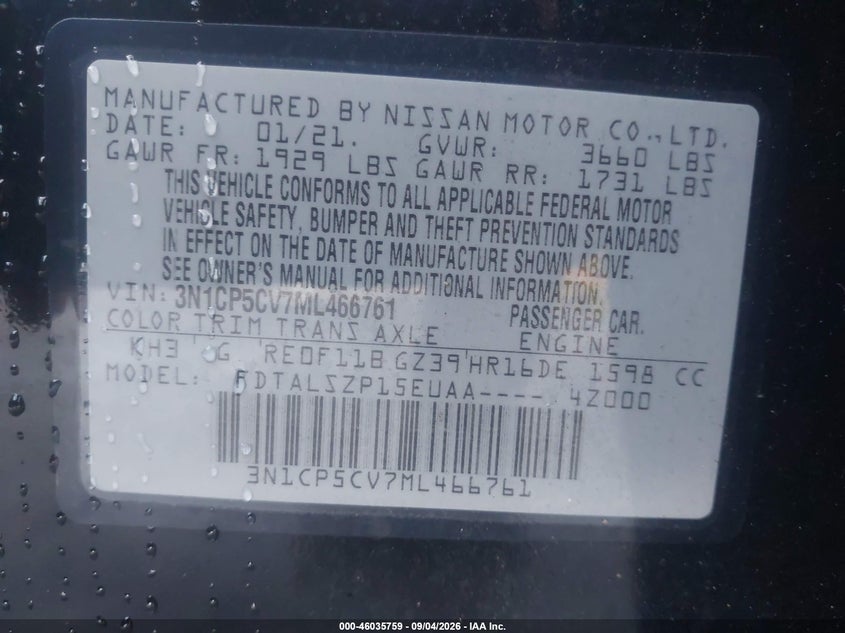 NISSAN KICKS 2021 VIN 3N1CP5CV7ML466761