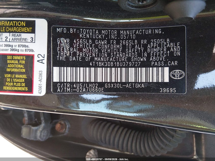 TOYOTA AVALON 2011 VIN 4T1BK3DB1BU379727