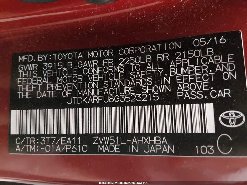 TOYOTA PRIUS 2016 VIN JTDKARFU8G3523215