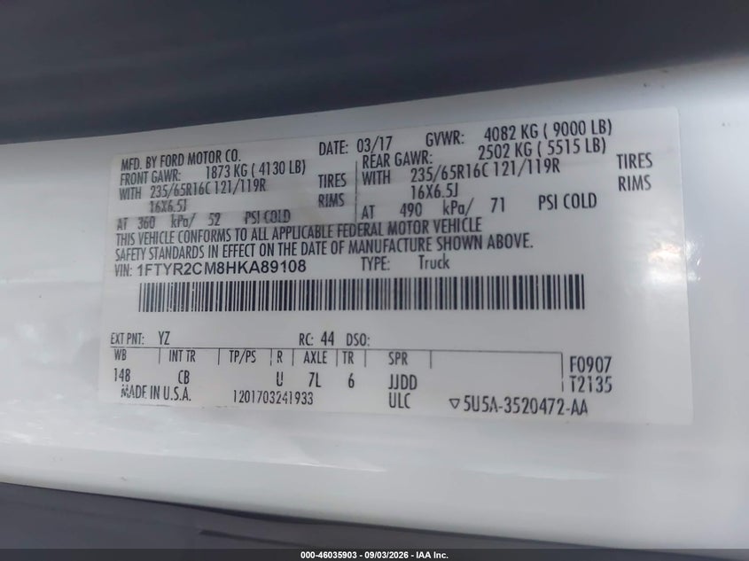 FORD TRANSIT-250 2017 VIN 1FTYR2CM8HKA89108