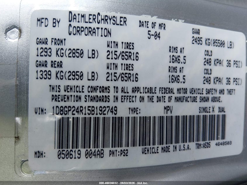 2005 DODGE CARAVAN VAN 3.3L V-6 REGULAR , 180HP