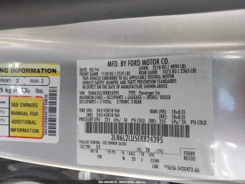 LINCOLN MKZ HYBRID 2014 VIN 3LN6L2LU5ER824395