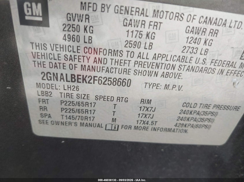 CHEVROLET EQUINOX 2015 VIN 2GNALBEK2F6258660