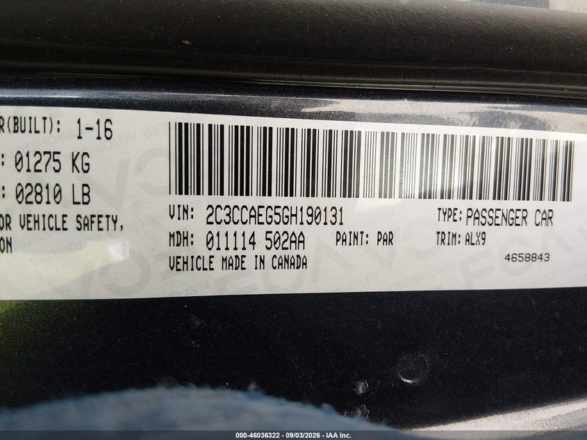CHRYSLER 300C 2016 VIN 2C3CCAEG5GH190131
