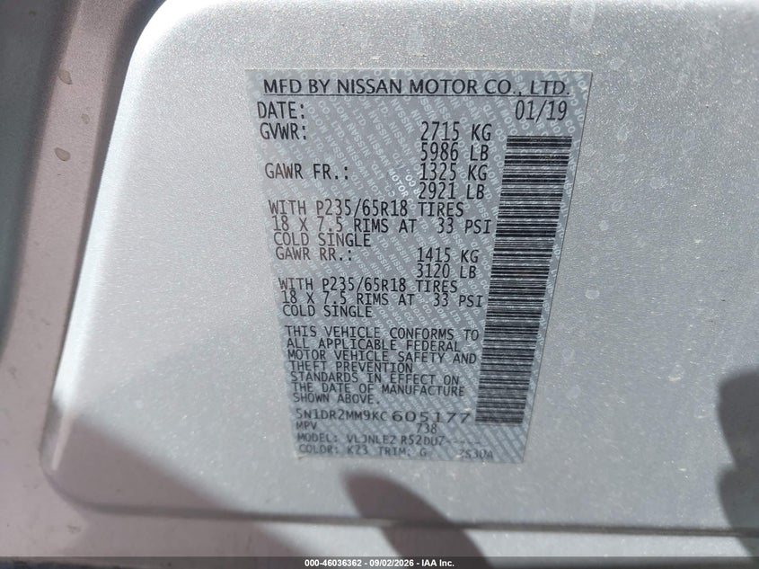 NISSAN PATHFINDER 2019 VIN 5N1DR2MM9KC605177