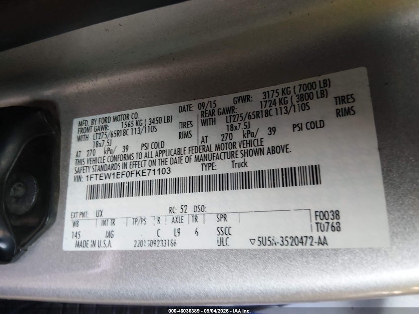 FORD F-150 2015 VIN 1FTEW1EF0FKE71103