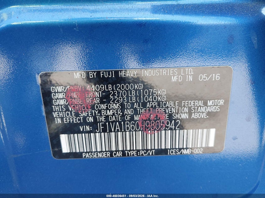 SUBARU WRX 2017 VIN JF1VA1B60H9805942