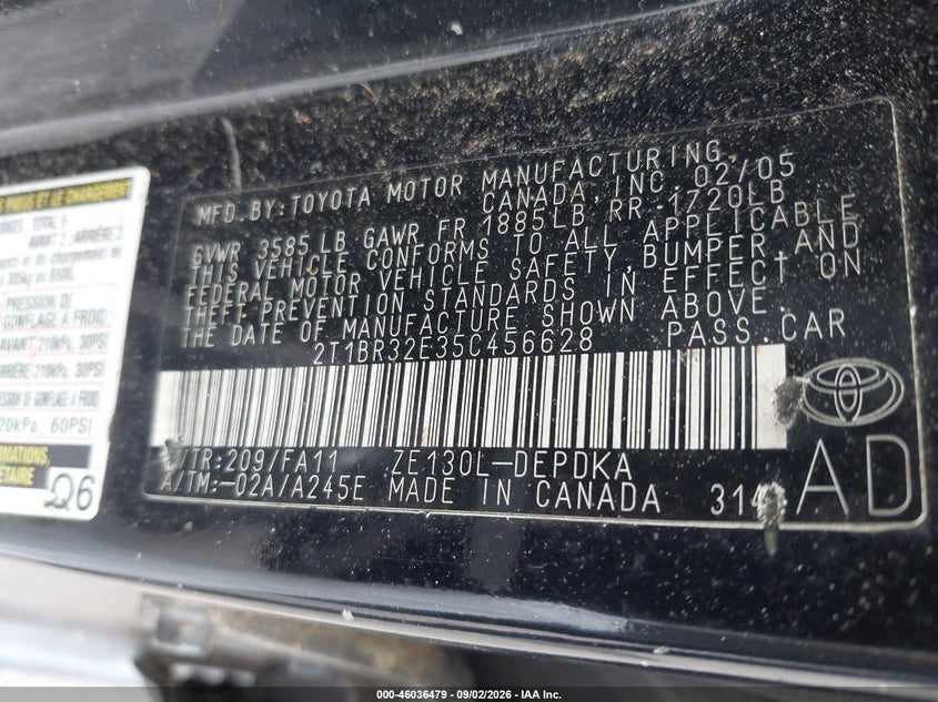 2005 TOYOTA COROLLA SEDAN 1.8L I-4 DOHC, VVT, REGULAR , 130HP