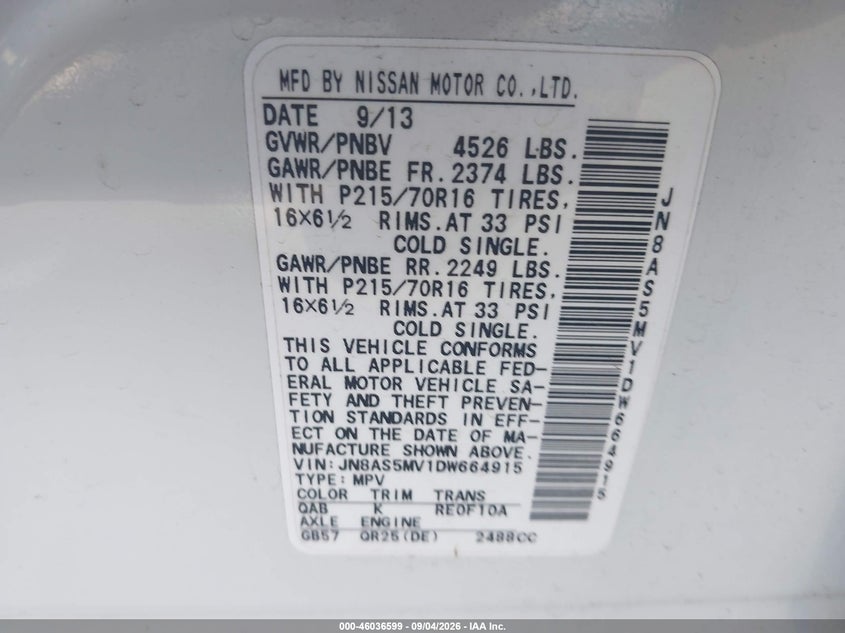 NISSAN ROGUE 2013 VIN JN8AS5MV1DW664915