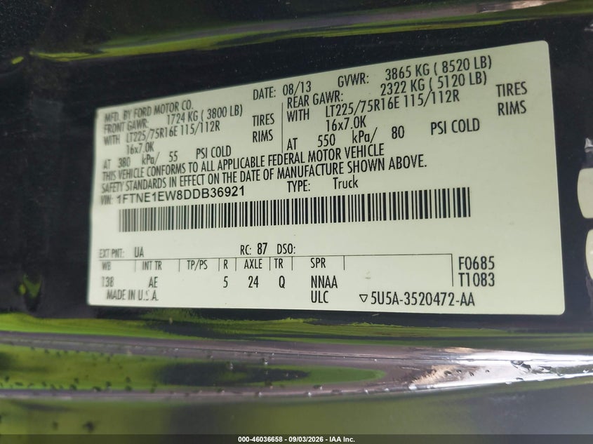 2013 FORD ECONOLINE VAN 4.6L V-8 REGULAR , 225HP