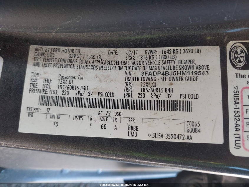 FORD FIESTA 2017 VIN 3FADP4BJ5HM119543