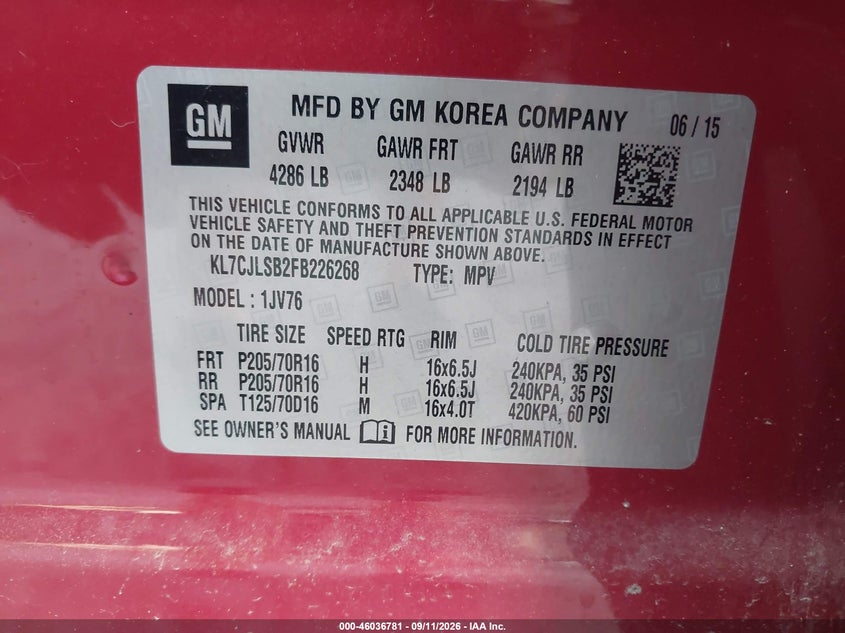 CHEVROLET TRAX 2015 VIN KL7CJLSB2FB226268