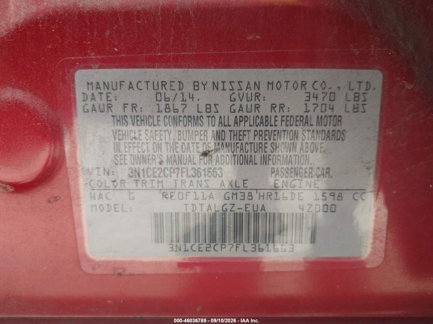 NISSAN VERSA NOTE 2015 VIN 3N1CE2CP7FL361663