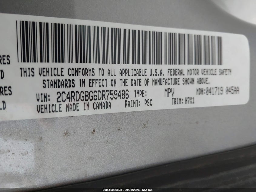 DODGE GRAND CARAVAN 2013 VIN 2C4RDGBG6DR759486