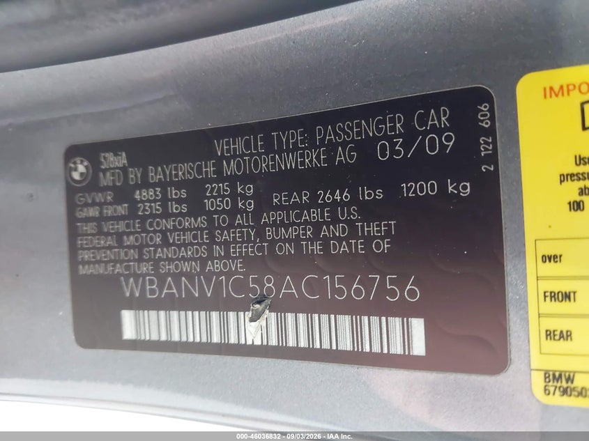 BMW 528I 2010 VIN WBANV1C58AC156756