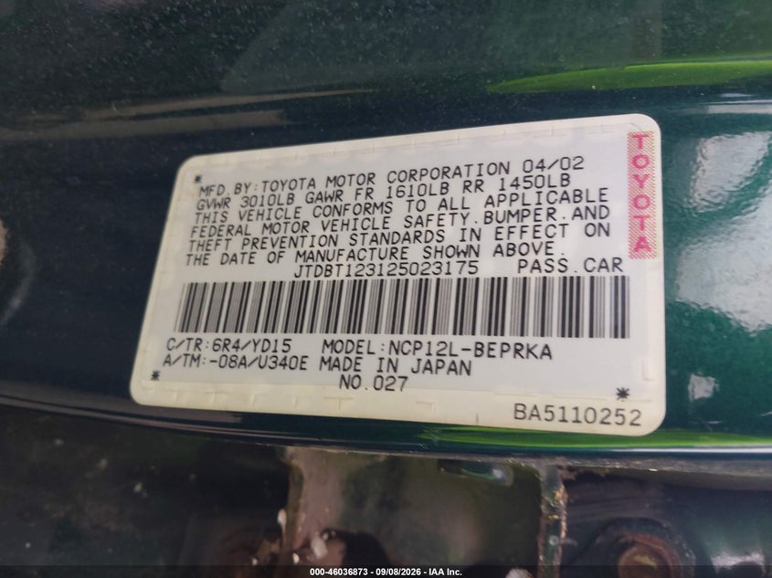 TOYOTA ECHO 2002 VIN JTDBT123125023175