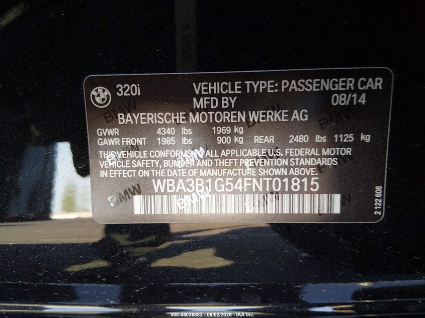 BMW 320I 2015 VIN WBA3B1G54FNT01815