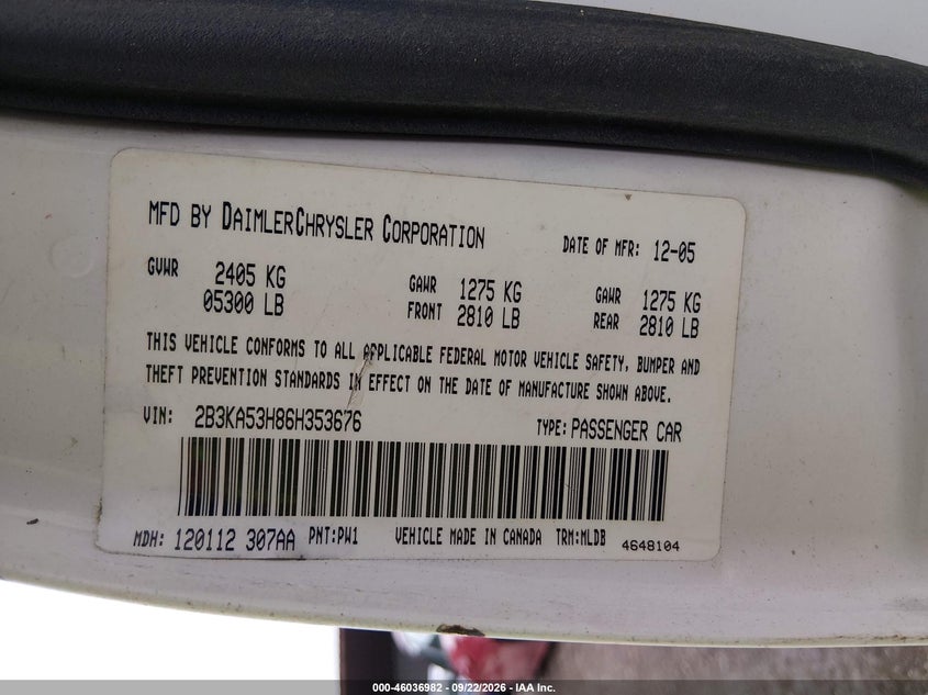 DODGE CHARGER 2006 VIN 2B3KA53H86H353676