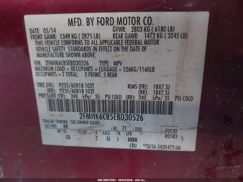 FORD FLEX 2014 VIN 2FMHK6C85EBD30526
