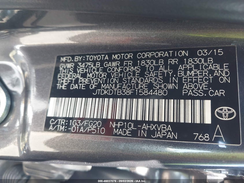 TOYOTA PRIUS C 2015 VIN JTDKDTB38F1584480