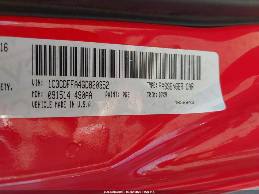 2016 DODGE DART SEDAN 2.0L I-4 DOHC, VVT, REGULAR , 160HP
