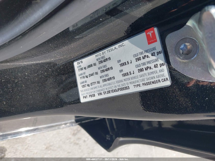 TESLA MODEL 3 2018 VIN 5YJ3E1EA9JF009353