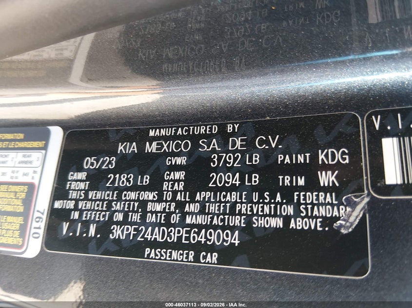 KIA FORTE 2023 VIN 3KPF24AD3PE649094