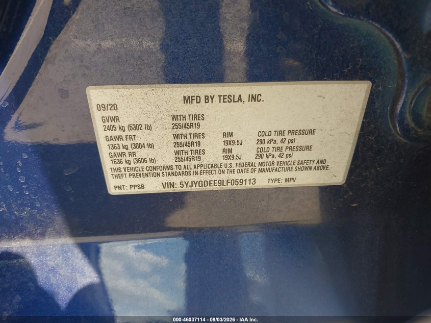 TESLA MODEL Y 2020 VIN 5YJYGDEE9LF059113