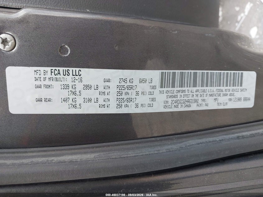 2017 DODGE CARAVAN VAN 3.6L V-6 DOHC, VVT, REGULAR , 283HP