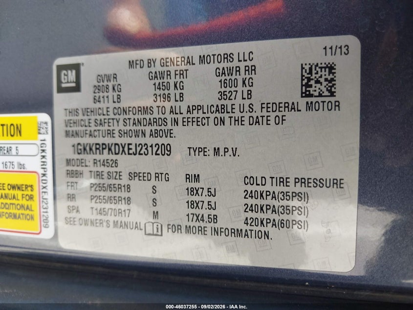 GMC ACADIA 2014 VIN 1GKKRPKDXEJ231209