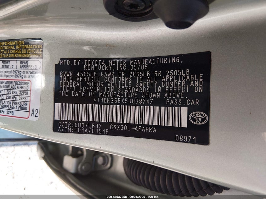 TOYOTA AVALON 2005 VIN 4T1BK36BX5U038747