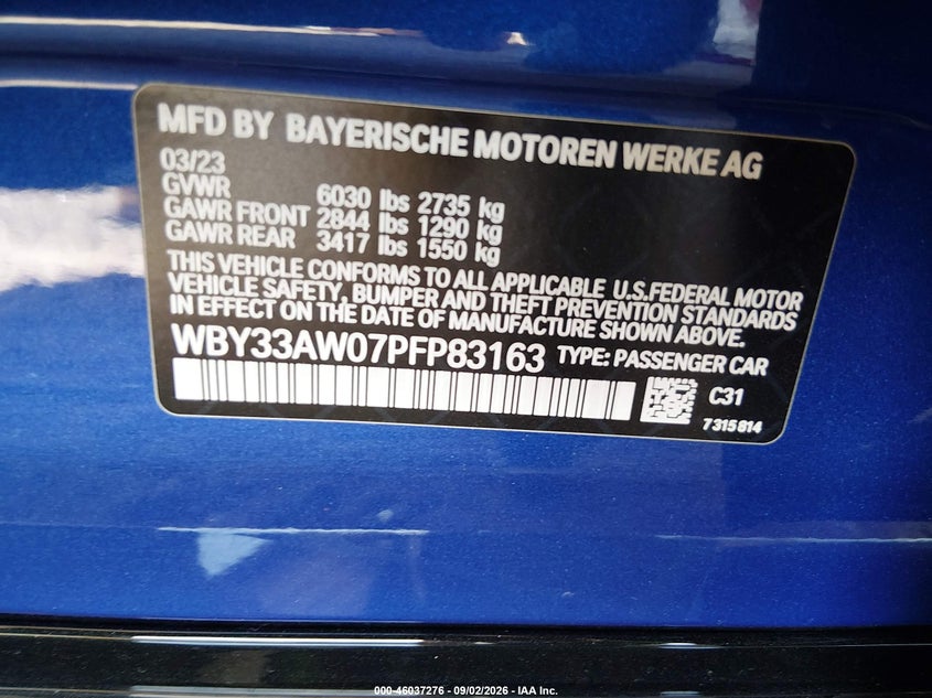 BMW I4 2023 VIN WBY33AW07PFP83163