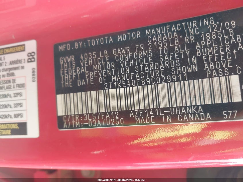 TOYOTA MATRIX 2009 VIN 2T1KE40E89C029911