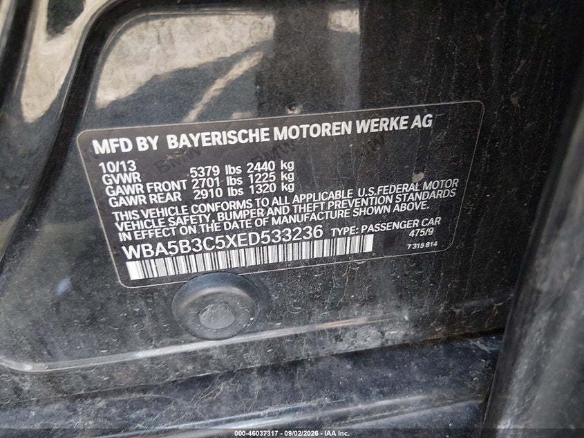 BMW 535I 2014 VIN WBA5B3C5XED533236