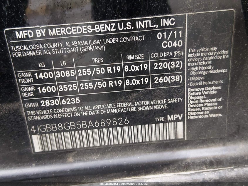 MERCEDES-BENZ ML 350 2011 VIN 4JGBB8GB5BA689826