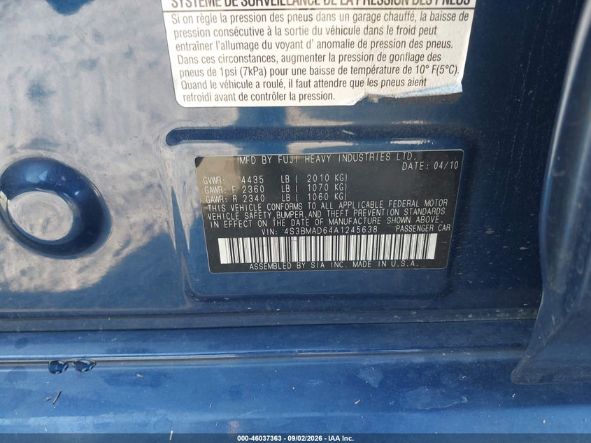 SUBARU LEGACY 2010 VIN 4S3BMAD64A1245638