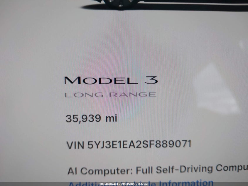 TESLA MODEL 3 2025 VIN 5YJ3E1EA2SF889071