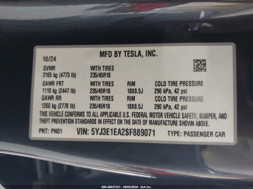 TESLA MODEL 3 2025 VIN 5YJ3E1EA2SF889071