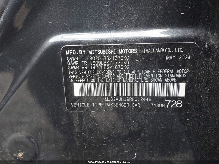 MITSUBISHI MIRAGE 2024 VIN ML32AUHJ9RH012448
