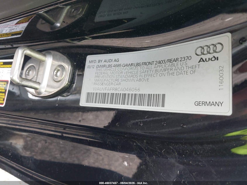 AUDI A5 2012 VIN WAUVFAFR8CA046056