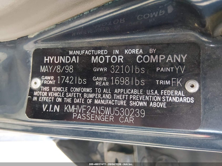 HYUNDAI ACCENT 1998 VIN KMHVF24N5WU530239