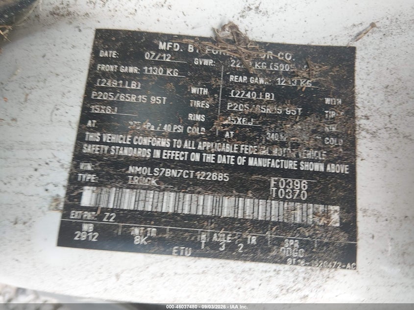 FORD TRANSIT CONNECT 2012 VIN NM0LS7BN7CT122685