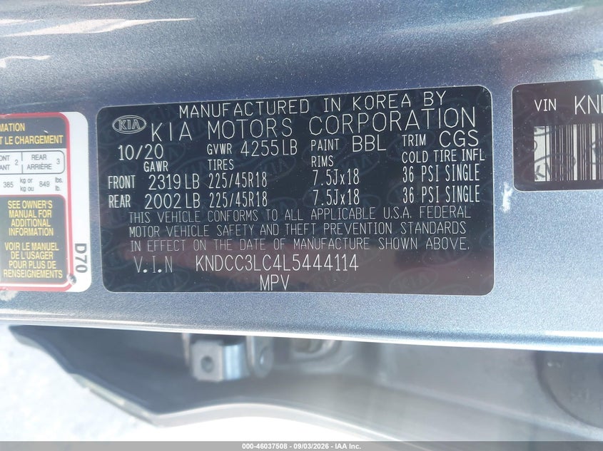 KIA NIRO 2020 VIN KNDCC3LC4L5444114