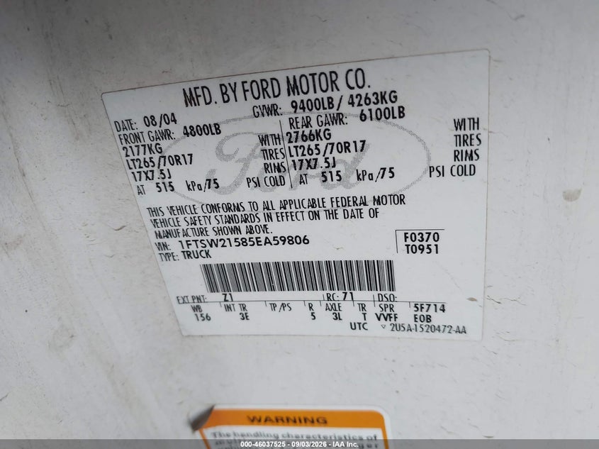 FORD F-250 2005 VIN 1FTSW21585EA59806