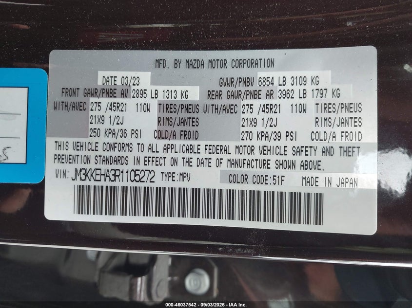 MAZDA CX-90 PHEV 2024 VIN JM3KKEHA3R1105272