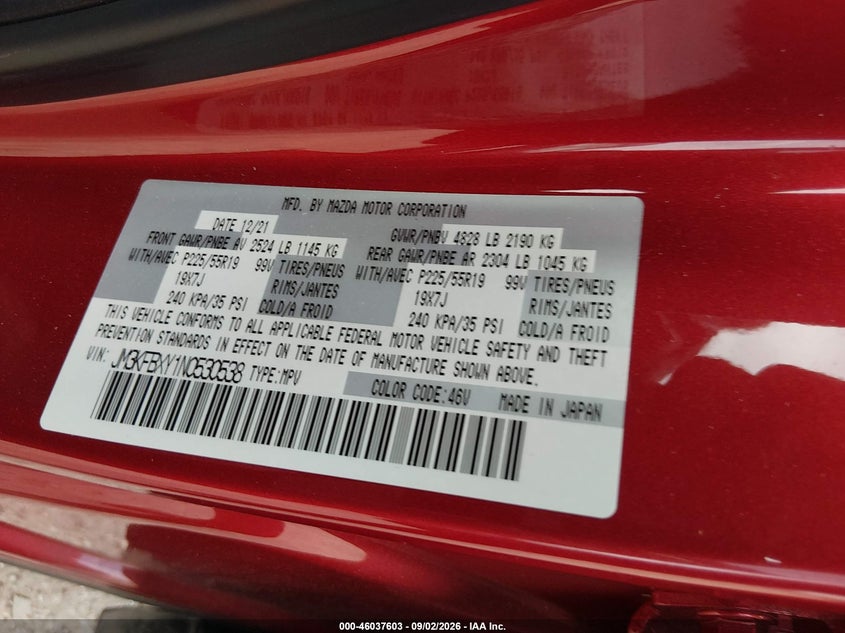 MAZDA CX-5 2022 VIN JM3KFBXY1N0530538