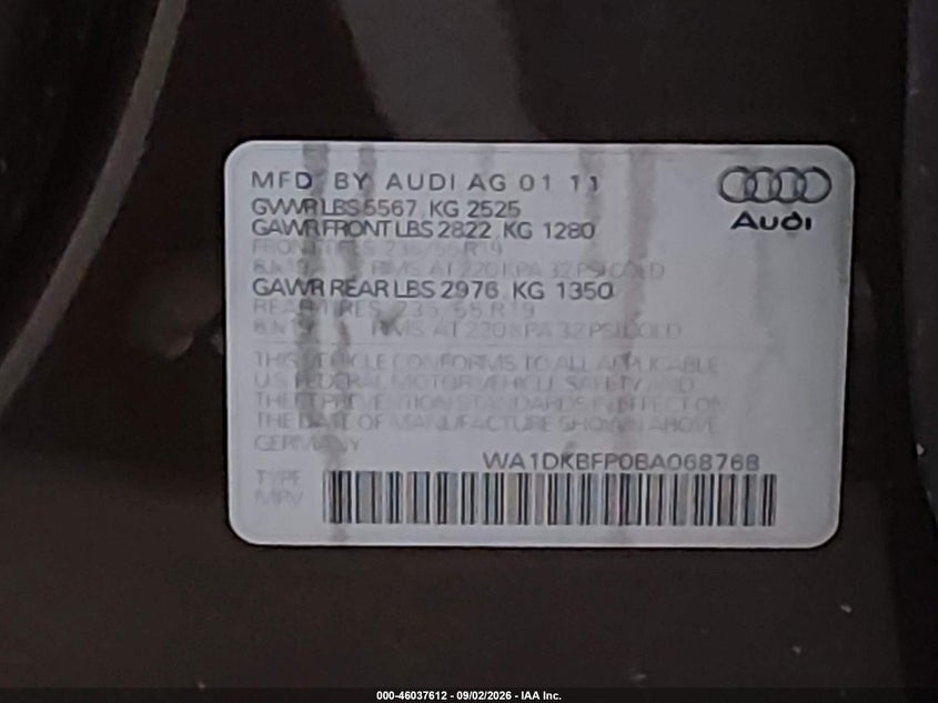 AUDI Q5 2011 VIN WA1DKBFP0BA068768