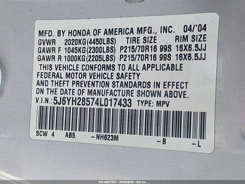 HONDA ELEMENT 2004 VIN 5J6YH28574L017433
